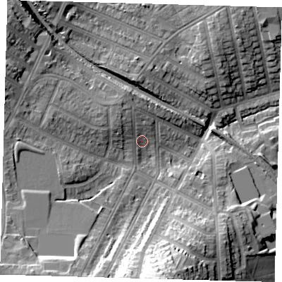 Shaded relief map of the ground around SE41AF, computed from Environment Agency LiDAR. The ground here sits at about 25 m above sea level and falls 30 m across the surrounding 800 m. Surface water reaching this point runs off ground lying to the north-north-west, 5.0 m higher.