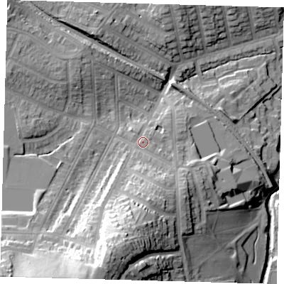 Shaded relief map of the ground around SE41AG, computed from Environment Agency LiDAR. The ground here sits at about 26 m above sea level and falls 41 m across the surrounding 800 m. Surface water reaching this point runs off ground lying to the south, 9.9 m higher.