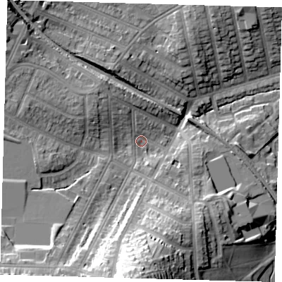Shaded relief map of the ground around SE41AS, computed from Environment Agency LiDAR. The ground here sits at about 23 m above sea level and falls 35 m across the surrounding 800 m. Surface water reaching this point runs off ground lying to the south, 26.9 m higher.