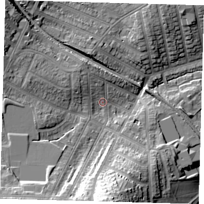 Shaded relief map of the ground around SE41AT, computed from Environment Agency LiDAR. The ground here sits at about 24 m above sea level and falls 32 m across the surrounding 800 m. Surface water reaching this point runs off ground lying to the south, 19.4 m higher.