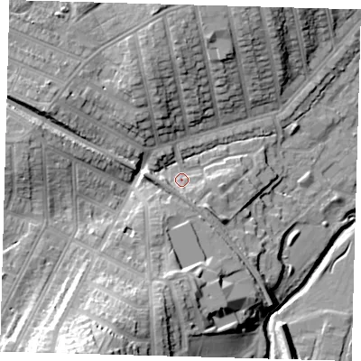 Shaded relief map of the ground around SE41HZ, computed from Environment Agency LiDAR. The ground here sits at about 19 m above sea level and falls 34 m across the surrounding 800 m. Surface water reaching this point runs off ground lying to the south-south-west, 26.3 m higher.