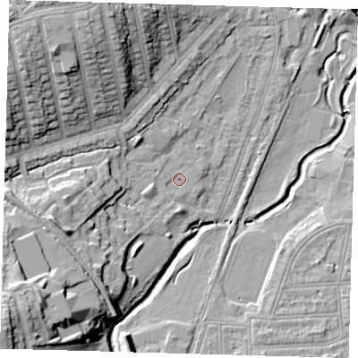 Shaded relief map of the ground around SE41JF, computed from Environment Agency LiDAR. The ground here sits at about 14 m above sea level and falls 22 m across the surrounding 800 m. Surface water reaching this point runs off ground lying to the north-west, 14.4 m higher.