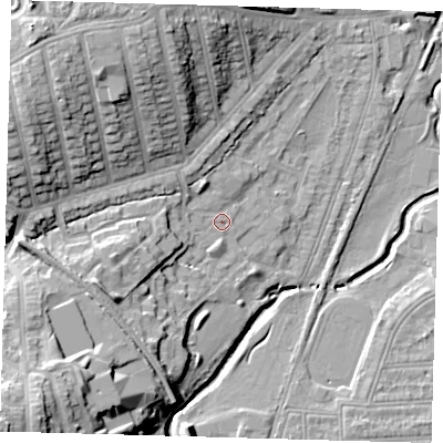 Shaded relief map of the ground around SE41JJ, computed from Environment Agency LiDAR. The ground here sits at about 15 m above sea level and falls 25 m across the surrounding 800 m. Surface water reaching this point runs off ground lying to the north-west, 13.9 m higher.