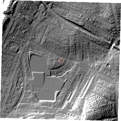 Shaded relief map of the ground around SE41RE, computed from Environment Agency LiDAR. The ground here sits at about 27 m above sea level and falls 34 m across the surrounding 800 m. Surface water reaching this point runs off ground lying to the north-west, 19.5 m higher.