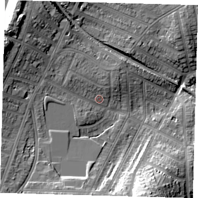 Shaded relief map of the ground around SE41RF, computed from Environment Agency LiDAR. The ground here sits at about 26 m above sea level and falls 30 m across the surrounding 800 m. Surface water reaching this point runs off ground lying to the west-north-west, 10.4 m higher.