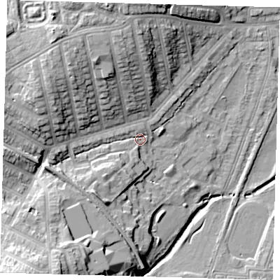 Shaded relief map of the ground around SE41RR, computed from Environment Agency LiDAR. The ground here sits at about 16 m above sea level and falls 23 m across the surrounding 800 m. Surface water reaching this point runs off ground lying to the south-west, 17.8 m higher.