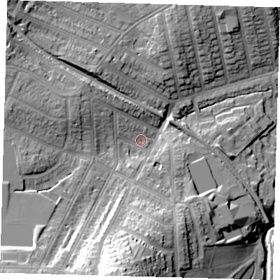 Shaded relief map of the ground around SE41RU, computed from Environment Agency LiDAR. The ground here sits at about 23 m above sea level and falls 38 m across the surrounding 800 m. Surface water reaching this point runs off ground lying to the south, 26.0 m higher.