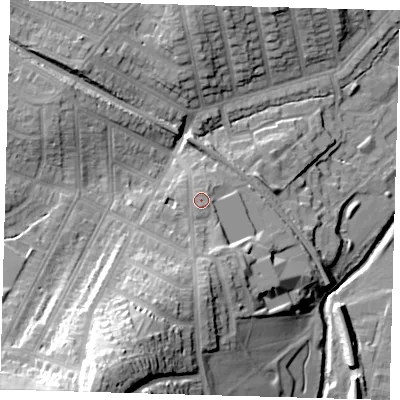 Shaded relief map of the ground around SE41SA, computed from Environment Agency LiDAR. The ground here sits at about 25 m above sea level and falls 41 m across the surrounding 800 m. Surface water reaching this point runs off ground lying to the south-south-west, 10.9 m higher.
