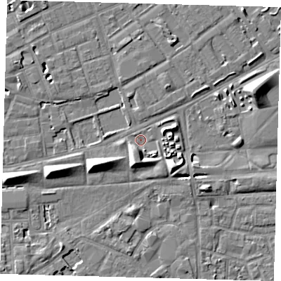 Shaded relief map of the ground around SE50AH, computed from Environment Agency LiDAR. The ground here sits at about 2 m above sea level and falls 8 m across the surrounding 800 m. Surface water reaching this point runs off ground lying to the south-south-west, 4.5 m higher.