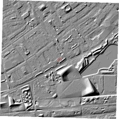 Shaded relief map of the ground around SE50AN, computed from Environment Agency LiDAR. The ground here sits at about 3 m above sea level and falls 9 m across the surrounding 800 m. Surface water reaching this point runs off ground lying to the south, 7.5 m higher.