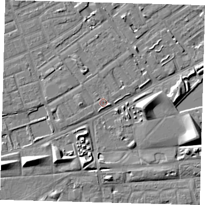 Shaded relief map of the ground around SE50AP, computed from Environment Agency LiDAR. The ground here sits at about 3 m above sea level and falls 9 m across the surrounding 800 m. Surface water reaching this point runs off ground lying to the east-south-east, 1.2 m higher.