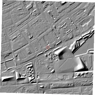 Shaded relief map of the ground around SE50AW, computed from Environment Agency LiDAR. The ground here sits at about 3 m above sea level and falls 9 m across the surrounding 800 m. Surface water reaching this point runs off ground lying to the south-west, 7.9 m higher.