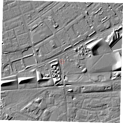 Shaded relief map of the ground around SE50BE, computed from Environment Agency LiDAR. The ground here sits at about 2 m above sea level and falls 8 m across the surrounding 800 m. Surface water reaching this point runs off ground lying to the west-south-west, 7.9 m higher.