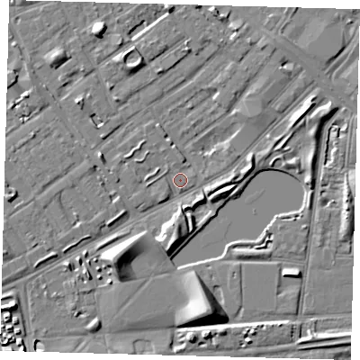 Shaded relief map of the ground around SE50BL, computed from Environment Agency LiDAR. The ground here sits at about 2 m above sea level and falls 9 m across the surrounding 800 m. Surface water reaching this point runs off ground lying to the west-north-west, 1.5 m higher.