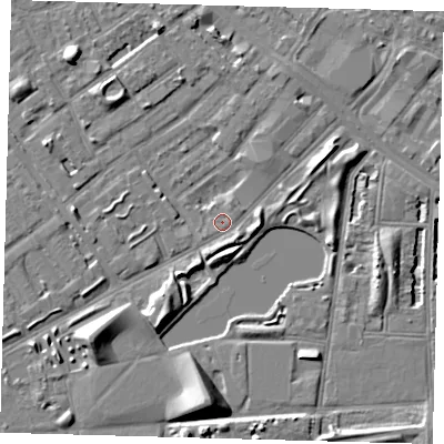 Shaded relief map of the ground around SE50DA, computed from Environment Agency LiDAR. The ground here sits at about 2 m above sea level and falls 9 m across the surrounding 800 m. The ground contributing surface water to this point lies to the south-east.