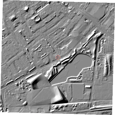Shaded relief map of the ground around SE50DB, computed from Environment Agency LiDAR. The ground here sits at about 2 m above sea level and falls 9 m across the surrounding 800 m. Surface water reaching this point runs off ground lying to the north-north-west, 5.7 m higher.