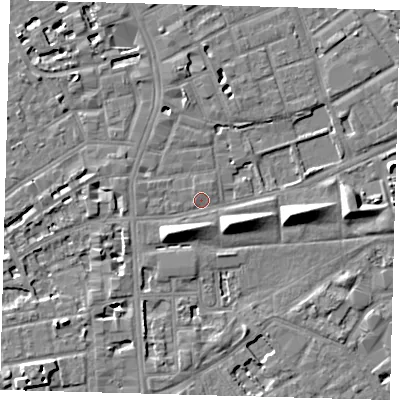 Shaded relief map of the ground around SE50DF, computed from Environment Agency LiDAR. The ground here sits at about 3 m above sea level and falls 8 m across the surrounding 800 m. Surface water reaching this point runs off ground lying to the south-west, 5.5 m higher.