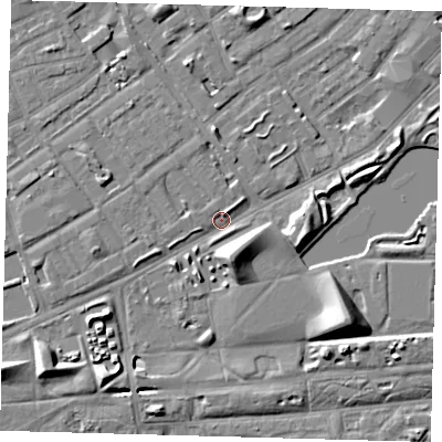 Shaded relief map of the ground around SE50DG, computed from Environment Agency LiDAR. The ground here sits at about 2 m above sea level and falls 9 m across the surrounding 800 m. Surface water reaching this point runs off ground lying to the south-south-east, 7.5 m higher.