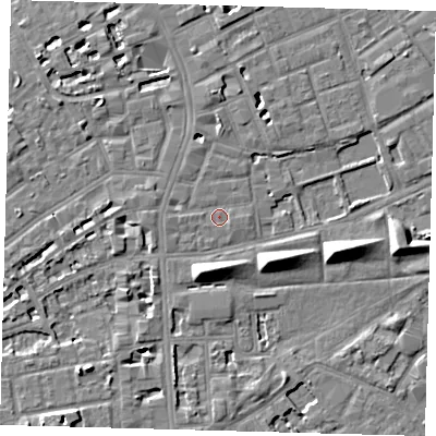 Shaded relief map of the ground around SE50DJ, computed from Environment Agency LiDAR. The ground here sits at about 3 m above sea level and falls 8 m across the surrounding 800 m. Surface water reaching this point runs off ground lying to the north-north-west, 2.6 m higher.