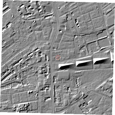 Shaded relief map of the ground around SE50DQ, computed from Environment Agency LiDAR. The ground here sits at about 3 m above sea level and falls 8 m across the surrounding 800 m. Surface water reaching this point runs off ground lying to the north-north-west, 0.7 m higher.