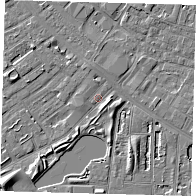 Shaded relief map of the ground around SE50DS, computed from Environment Agency LiDAR. The ground here sits at about 2 m above sea level and falls 9 m across the surrounding 800 m. Surface water reaching this point runs off ground lying to the south-east, 3.3 m higher.