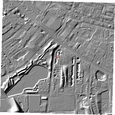 Shaded relief map of the ground around SE50HT, computed from Environment Agency LiDAR. The ground here sits at about 1 m above sea level and falls 10 m across the surrounding 800 m. Surface water reaching this point runs off ground lying to the north-west, 4.5 m higher.