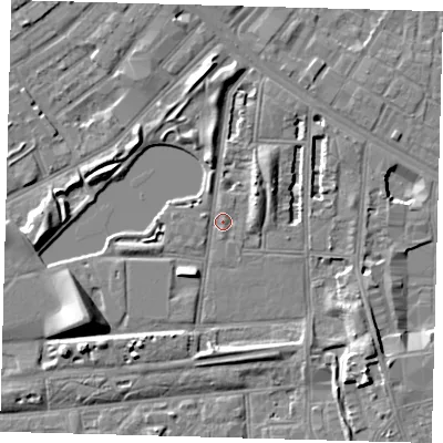 Shaded relief map of the ground around SE50HU, computed from Environment Agency LiDAR. The ground here sits at about 2 m above sea level and falls 10 m across the surrounding 800 m. Surface water reaching this point runs off ground lying to the south-west, 8.5 m higher.