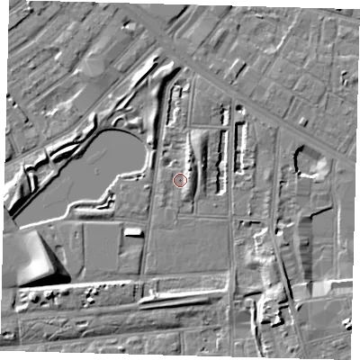Shaded relief map of the ground around SE50HX, computed from Environment Agency LiDAR. The ground here sits at about 2 m above sea level and falls 10 m across the surrounding 800 m. Surface water reaching this point runs off ground lying to the north-east, 3.4 m higher.