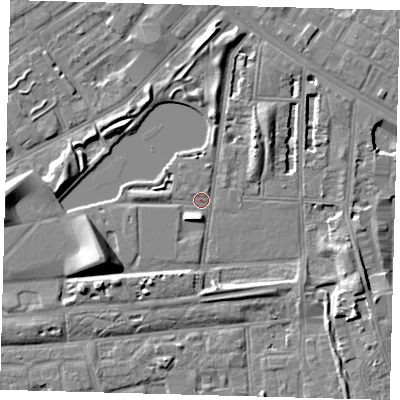 Shaded relief map of the ground around SE50JB, computed from Environment Agency LiDAR. The ground here sits at about 2 m above sea level and falls 10 m across the surrounding 800 m. Surface water reaching this point runs off ground lying to the west-south-west, 8.5 m higher.