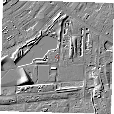Shaded relief map of the ground around SE50JD, computed from Environment Agency LiDAR. The ground here sits at about 2 m above sea level and falls 10 m across the surrounding 800 m. Surface water reaching this point runs off ground lying to the south-west, 8.5 m higher.