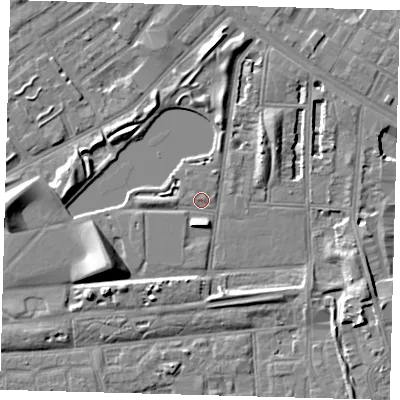 Shaded relief map of the ground around SE50JE, computed from Environment Agency LiDAR. The ground here sits at about 2 m above sea level and falls 10 m across the surrounding 800 m. Surface water reaching this point runs off ground lying to the south-west, 8.5 m higher.