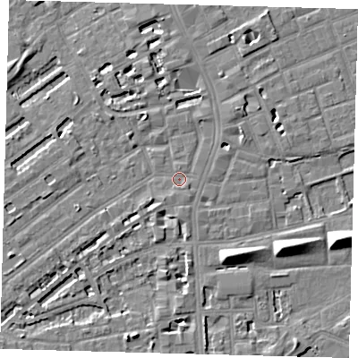 Shaded relief map of the ground around SE50NS, computed from Environment Agency LiDAR. The ground here sits at about 3 m above sea level and falls 8 m across the surrounding 800 m. Surface water reaching this point runs off ground lying to the north-north-east, 3.0 m higher.