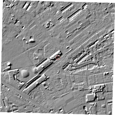 Shaded relief map of the ground around SE50NT, computed from Environment Agency LiDAR. The ground here sits at about 4 m above sea level and falls 8 m across the surrounding 800 m. Surface water reaching this point runs off ground lying to the west, 7.7 m higher.