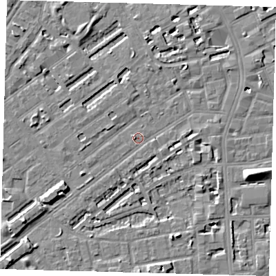 Shaded relief map of the ground around SE50NX, computed from Environment Agency LiDAR. The ground here sits at about 3 m above sea level and falls 8 m across the surrounding 800 m. Surface water reaching this point runs off ground lying to the north-east, 3.0 m higher.