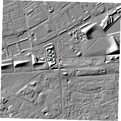 Shaded relief map of the ground around SE50PX, computed from Environment Agency LiDAR. The ground here sits at about 1 m above sea level and falls 9 m across the surrounding 800 m. Surface water reaching this point runs off ground lying to the south-south-west, 3.6 m higher.