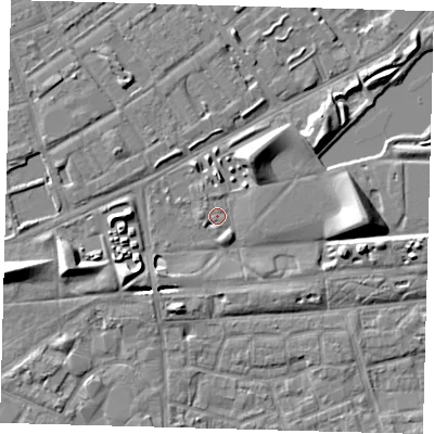 Shaded relief map of the ground around SE50RJ, computed from Environment Agency LiDAR. The ground here sits at about 2 m above sea level and falls 9 m across the surrounding 800 m. Surface water reaching this point runs off ground lying to the north-east, 1.3 m higher.