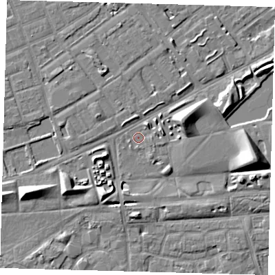 Shaded relief map of the ground around SE50RN, computed from Environment Agency LiDAR. The ground here sits at about 2 m above sea level and falls 9 m across the surrounding 800 m. Surface water reaching this point runs off ground lying to the west-south-west, 7.9 m higher.