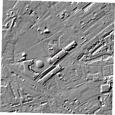 Shaded relief map of the ground around SE50SZ, computed from Environment Agency LiDAR. The ground here sits at about 6 m above sea level and falls 8 m across the surrounding 800 m. Surface water reaching this point runs off ground lying to the south-south-east, 4.0 m higher.