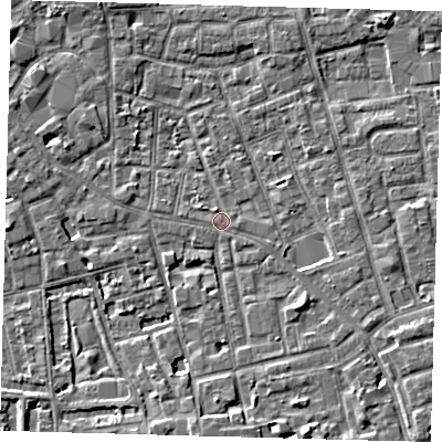 Shaded relief map of the ground around SE57EJ, computed from Environment Agency LiDAR. The ground here sits at about 3 m above sea level and falls 5 m across the surrounding 800 m. Surface water reaching this point runs off ground lying to the east-south-east, 0.5 m higher.