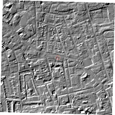 Shaded relief map of the ground around SE57EU, computed from Environment Agency LiDAR. The ground here sits at about 3 m above sea level and falls 6 m across the surrounding 800 m. Surface water reaching this point runs off ground lying to the south, 4.1 m higher.