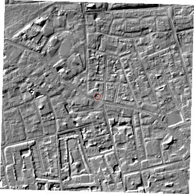 Shaded relief map of the ground around SE57EW, computed from Environment Agency LiDAR. The ground here sits at about 3 m above sea level and falls 5 m across the surrounding 800 m. Surface water reaching this point runs off ground lying to the east-south-east, 0.7 m higher.