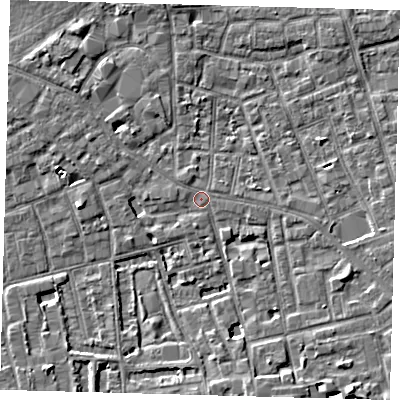 Shaded relief map of the ground around SE57FR, computed from Environment Agency LiDAR. The ground here sits at about 3 m above sea level and falls 5 m across the surrounding 800 m. Surface water reaching this point runs off ground lying to the south-east, 5.1 m higher.