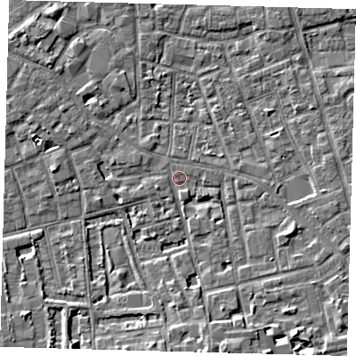 Shaded relief map of the ground around SE57FS, computed from Environment Agency LiDAR. The ground here sits at about 3 m above sea level and falls 6 m across the surrounding 800 m. Surface water reaching this point runs off ground lying to the south-south-east, 4.9 m higher.