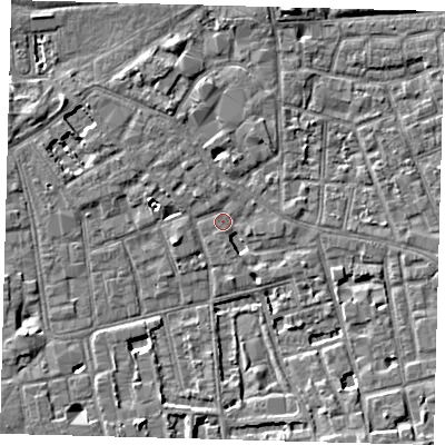 Shaded relief map of the ground around SE57FT, computed from Environment Agency LiDAR. The ground here sits at about 3 m above sea level and falls 5 m across the surrounding 800 m. Surface water reaching this point runs off ground lying to the south-south-east, 4.9 m higher.
