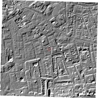 Shaded relief map of the ground around SE57FU, computed from Environment Agency LiDAR. The ground here sits at about 3 m above sea level and falls 7 m across the surrounding 800 m. Surface water reaching this point runs off ground lying to the south-south-east, 6.5 m higher.