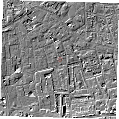 Shaded relief map of the ground around SE57FW, computed from Environment Agency LiDAR. The ground here sits at about 3 m above sea level and falls 7 m across the surrounding 800 m. Surface water reaching this point runs off ground lying to the south-south-east, 6.5 m higher.