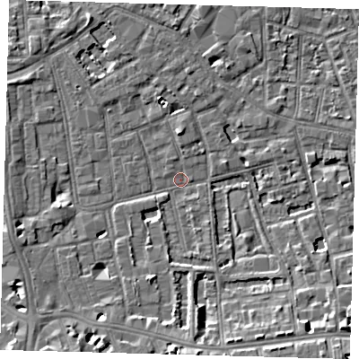 Shaded relief map of the ground around SE57FX, computed from Environment Agency LiDAR. The ground here sits at about 2 m above sea level and falls 8 m across the surrounding 800 m. Surface water reaching this point runs off ground lying to the south-east, 7.5 m higher.