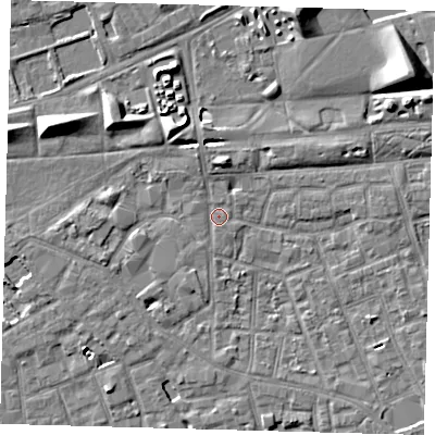 Shaded relief map of the ground around SE57GA, computed from Environment Agency LiDAR. The ground here sits at about 2 m above sea level and falls 9 m across the surrounding 800 m. Surface water reaching this point runs off ground lying to the north-north-west, 4.1 m higher.