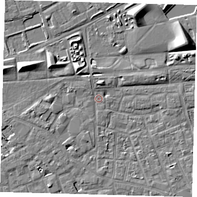 Shaded relief map of the ground around SE57GB, computed from Environment Agency LiDAR. The ground here sits at about 2 m above sea level and falls 9 m across the surrounding 800 m. Surface water reaching this point runs off ground lying to the north-west, 4.1 m higher.