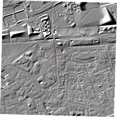Shaded relief map of the ground around SE57GD, computed from Environment Agency LiDAR. The ground here sits at about 2 m above sea level and falls 9 m across the surrounding 800 m. Surface water reaching this point runs off ground lying to the north-north-west, 4.1 m higher.